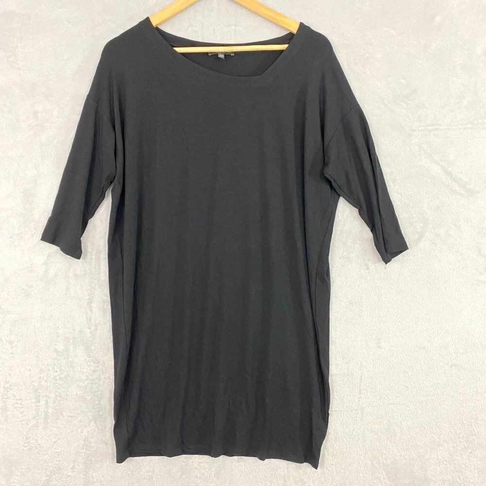 Eileen Fisher Shift Dress Size MP Medium Petite Black 3/4 Sleeve Asymmetric Neck
